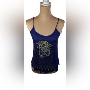 Free People Womens Coquette Summer Boho‎ Owl Beaded Sequin Cami Top Size S Blue